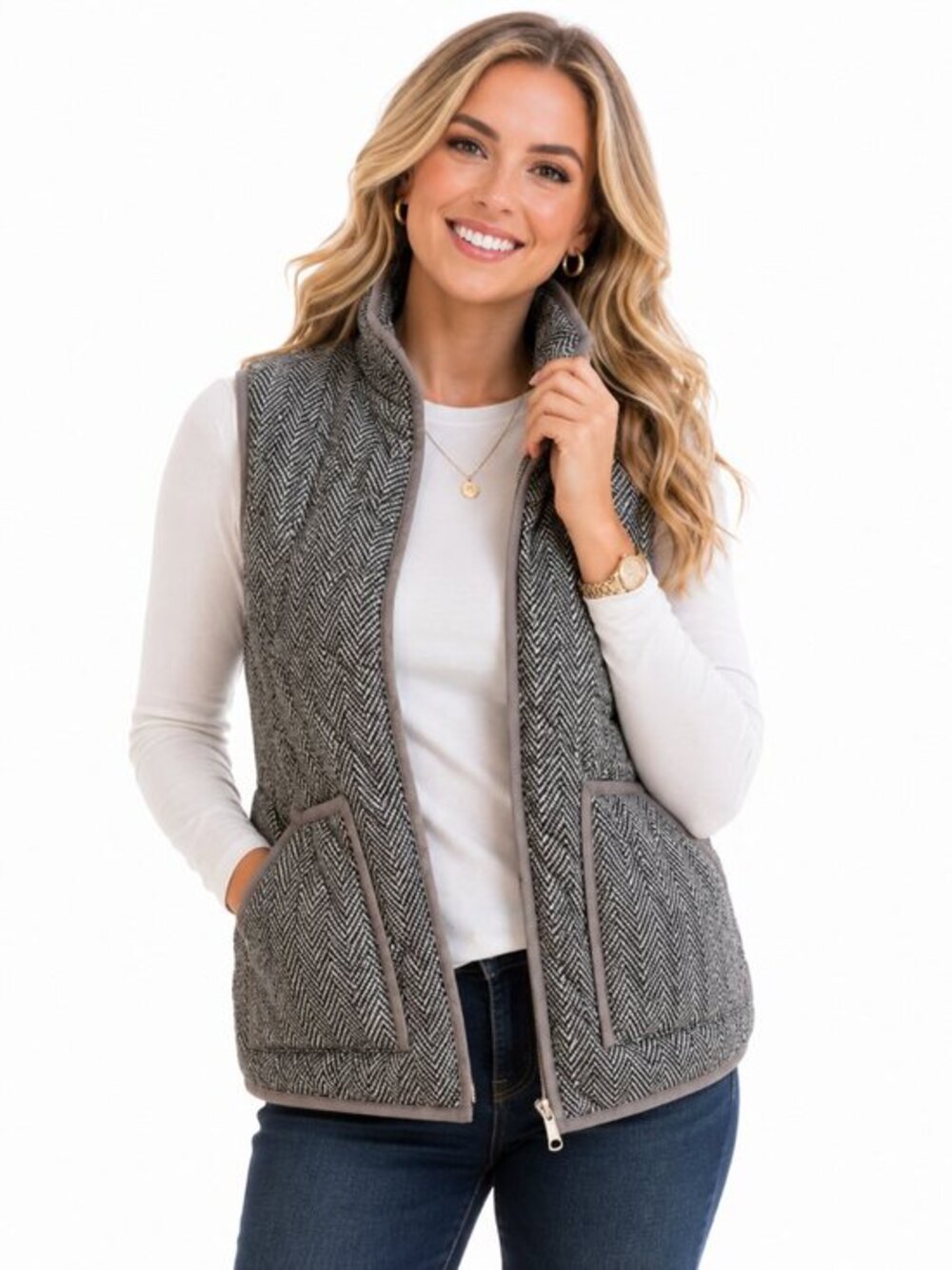 Gray Herringbone Quilted Vest Full Zip NWT